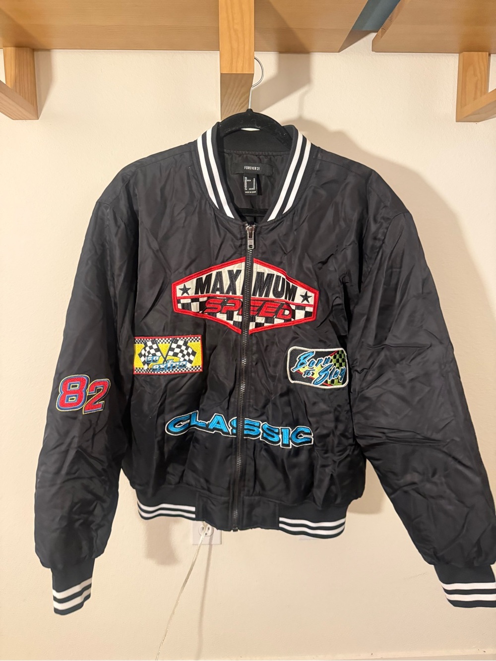 Forever 21 Black Racing Patch Varsity Bomber Jacket